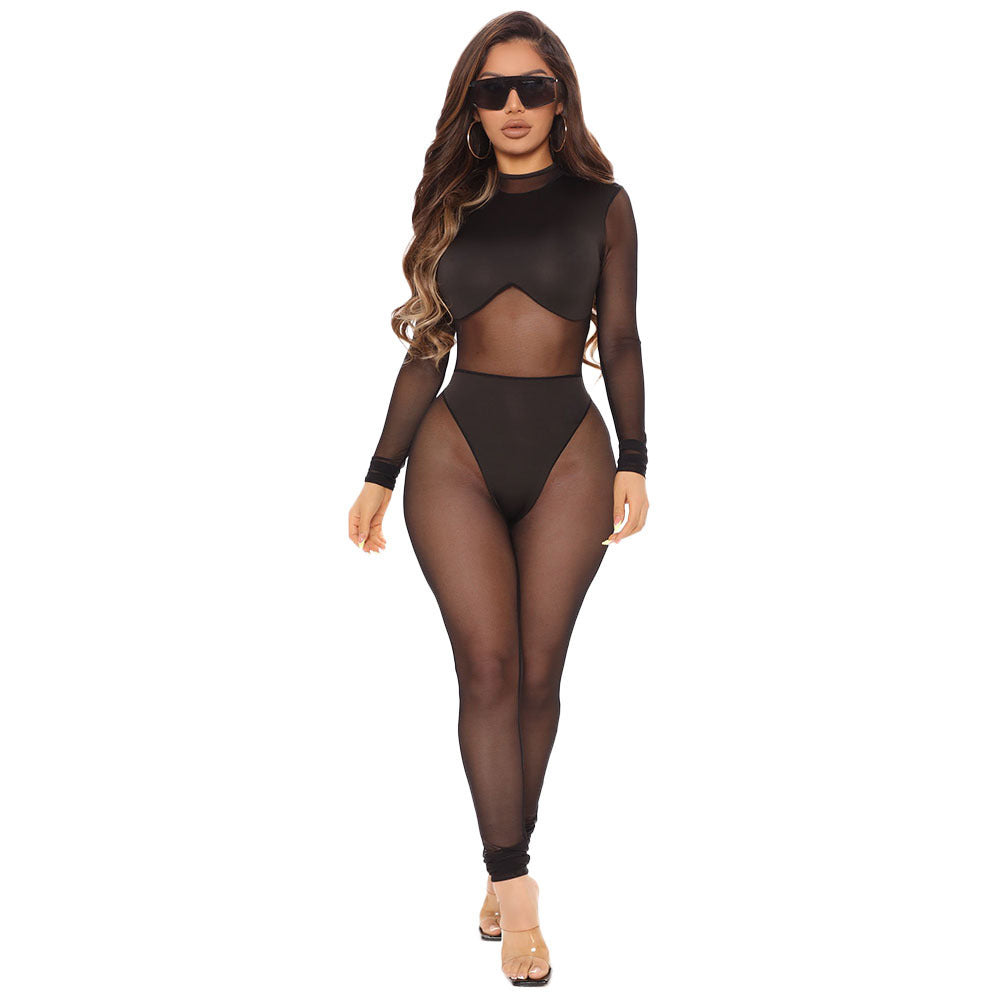 Women Mesh Stitching See-Through Jumpsuit – Black • Tight Fit • Long Trousers